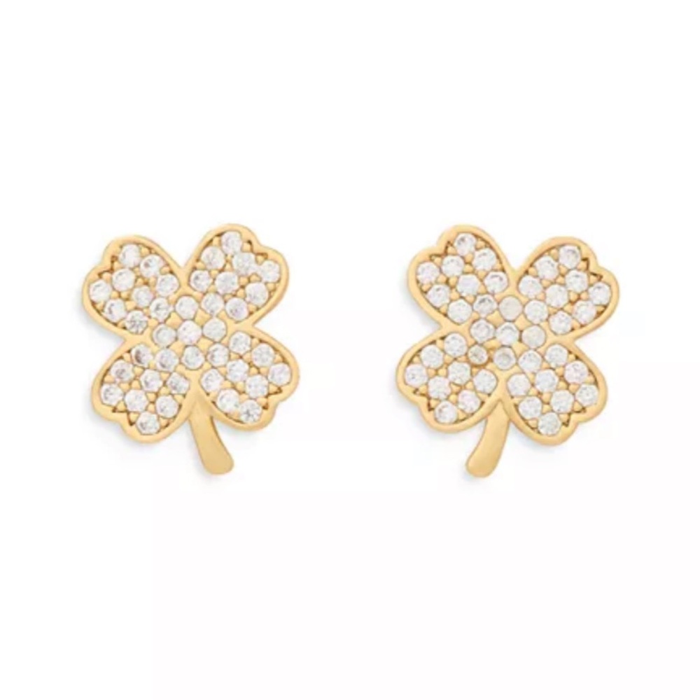 Kate Spade Lucky Charm Gold-Tone Pavé Crystal Clover Stud Earrings NWT - Picture 2 of 8
